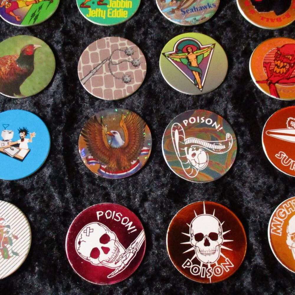 Vintage 1990's Assorted Lot of 20 Pogs (Seahawks, Poison, Jetty Eddie, 8 Ball)